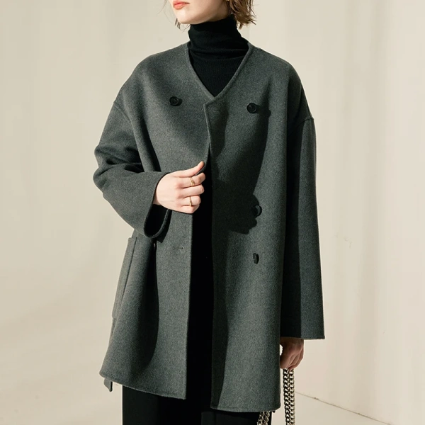 Double Breasted Woolen Coat Mid Length Double Faced Winter 100% Real Wool Coats Women - Image 2