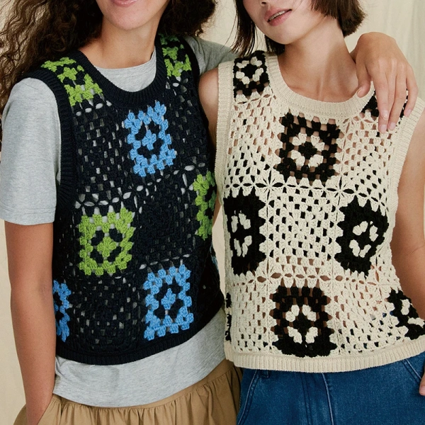 Sleeveless Square Pattern Sweater Vests Cropped Acrylic Cotton Crochet Knitted Vest for Women - Image 3