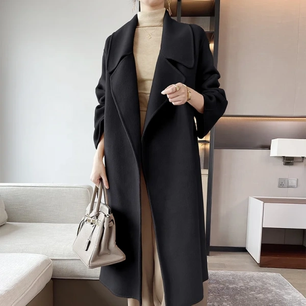 High-end High Quality Soft Warm Classic Double-breasted Lace-up Long-sleeved Women's Cashmere Coat - Image 4