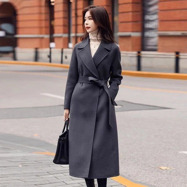 Gray Double-faced Cashmere Coat for Women Mid-length 2025 New Style Winter Double-faced Cashmere Suit Collar Slim Woolen Coat