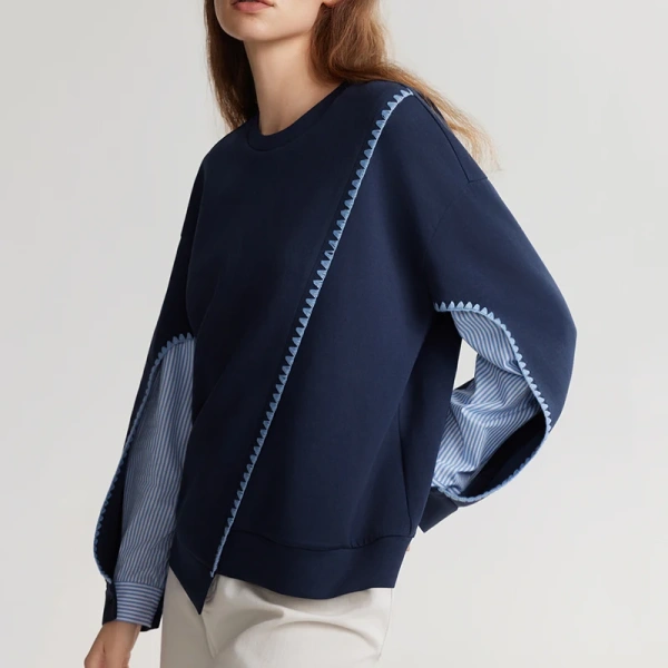 Splicing Design Pullover O Neck Knitted Cotton Sweater Women - Image 3