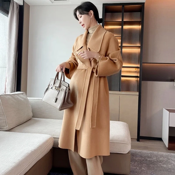 High-end High Quality Soft Warm Classic Double-breasted Lace-up Long-sleeved Women's Cashmere Coat - Image 5