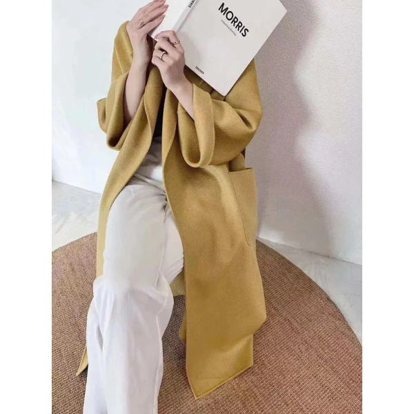 Water Wave Pattern Double-sided Cashmere Coat Female Bathrobe in the Long Section Knee-length Loose Hepburn High-end Wool Tweed - Image 6
