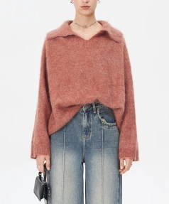 Turn Down Collar Knitted Pullover Sweaters Mohair Knitwear Women