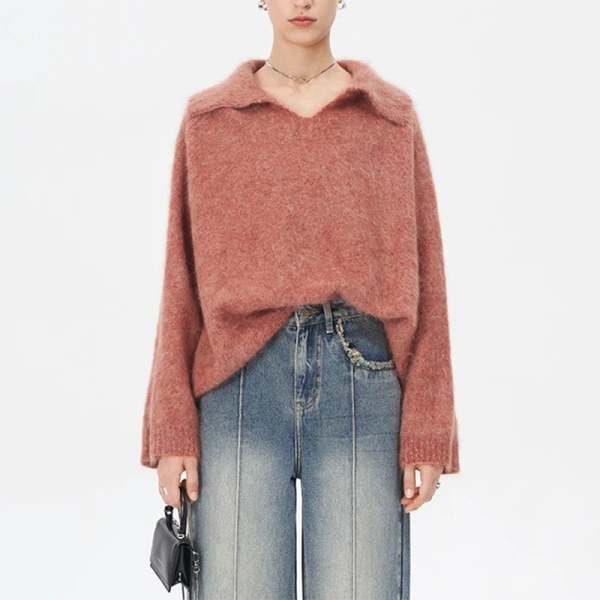 Turn Down Collar Knitted Pullover Sweaters Mohair Knitwear Women