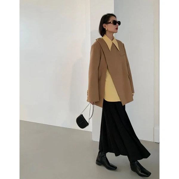 Retro Design Short Section Diagonal Lapel Double-sided Handmade Pure Cashmere Coat Twill Soft Wool Coat Women's Winter New - Image 2