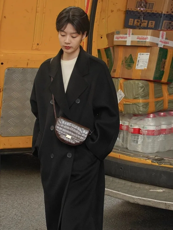 Cashmere Long Lapel Double-breasted Double-faced Wool Handmade Coat - Image 2