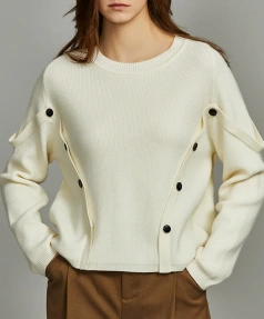 Women's Luxury Knitwear Pullover O-Neck Knitted Wool Sweaters with Buttons Casual Style Front for Winter