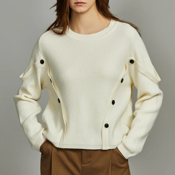 Women's Luxury Knitwear Pullover O-Neck Knitted Wool Sweaters with Buttons Casual Style Front for Winter