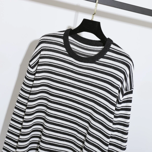 Winter Spring O Neck Stripe Pattern Knitted Cotton Pullover Sweater for Women - Image 3