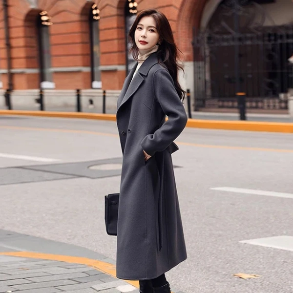 Gray Double-faced Cashmere Coat for Women Mid-length 2025 New Style Winter Double-faced Cashmere Suit Collar Slim Woolen Coat - Image 3