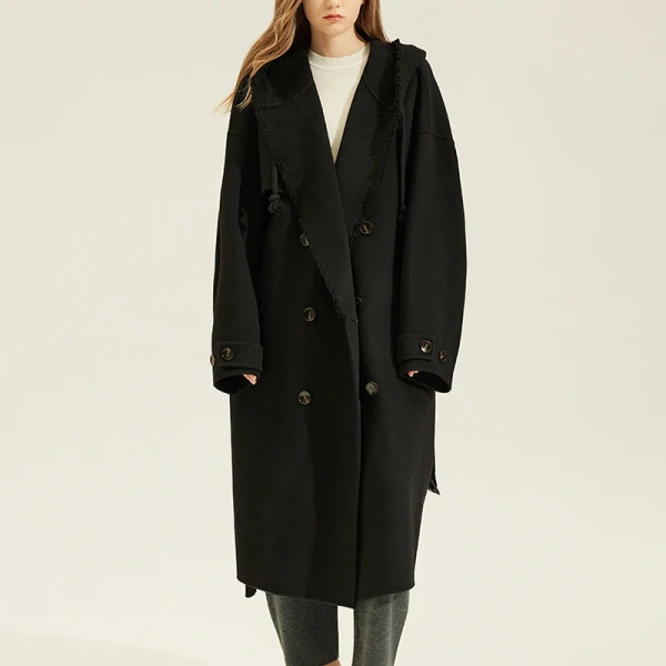 Winter Warm Double Breasted Woolen Trench Coat Women Double Faced Long 100% Real Sheep Wool Coats With Hood - Image 3