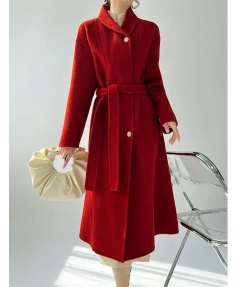 Red Double-sided Tweed Cashmere Coat Long Models Female 2025 Autumn and Winter New Green Fruit Collar Lacing Senior Sense of Twe