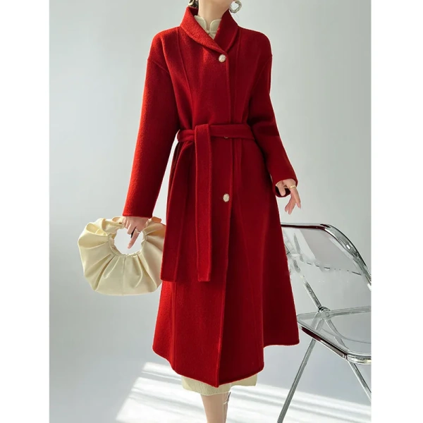 Red Double-sided Tweed Cashmere Coat Long Models Female 2025 Autumn and Winter New Green Fruit Collar Lacing Senior Sense of Twe