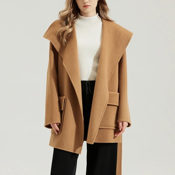 Winter Oversize Big Turn Down Collar Woolen Coats Luxury Belted Double Faced 100% Genuine Wool Coat for Women