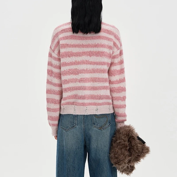 Stripe Pattern Wool Blend Knitwear O Neck Mohair Sweater for Women - Image 2