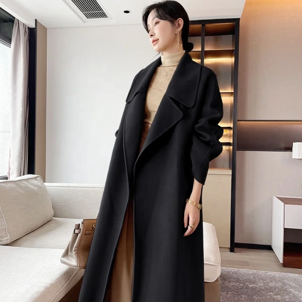 High-end High Quality Soft Warm Classic Double-breasted Lace-up Long-sleeved Women's Cashmere Coat - Image 3