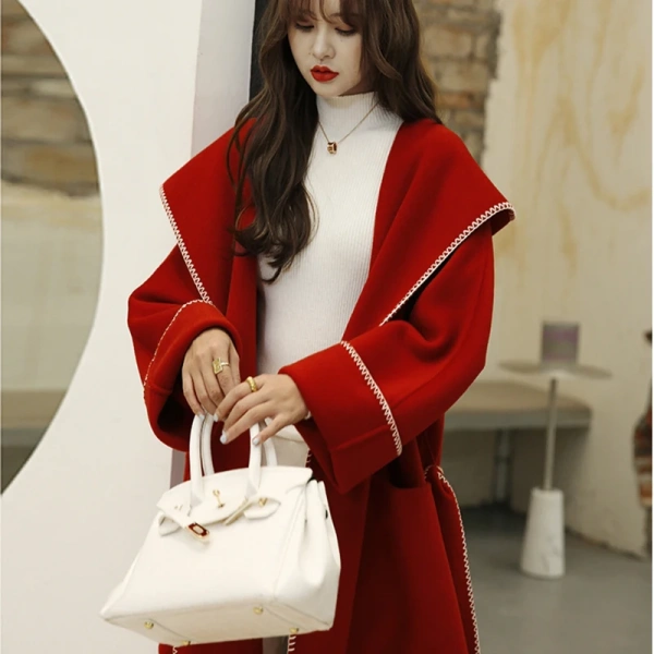 Winter High-grade Double-sided Tweed Long Wool Women's Jackets High-class Elegant Women's Solid Color Coat