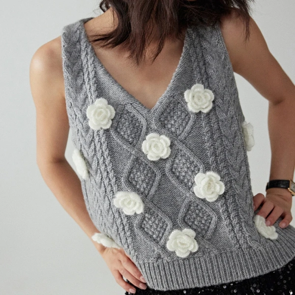 Sleeveless Sweater Vest Cropped Knitted Wool Vests Women With Handmade Crochet Twisted Flowers - Image 4