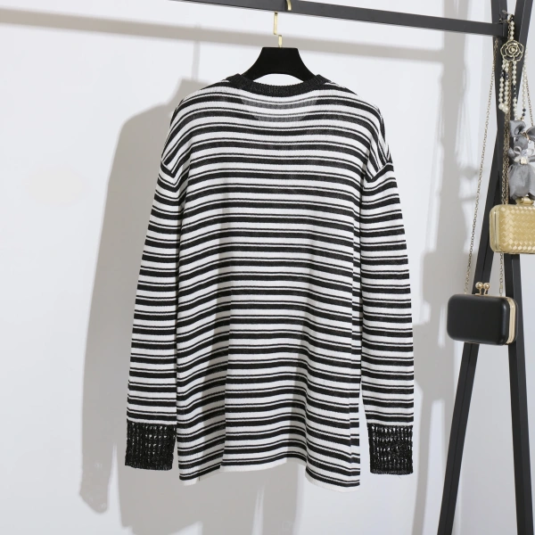 Winter Spring O Neck Stripe Pattern Knitted Cotton Pullover Sweater for Women - Image 2