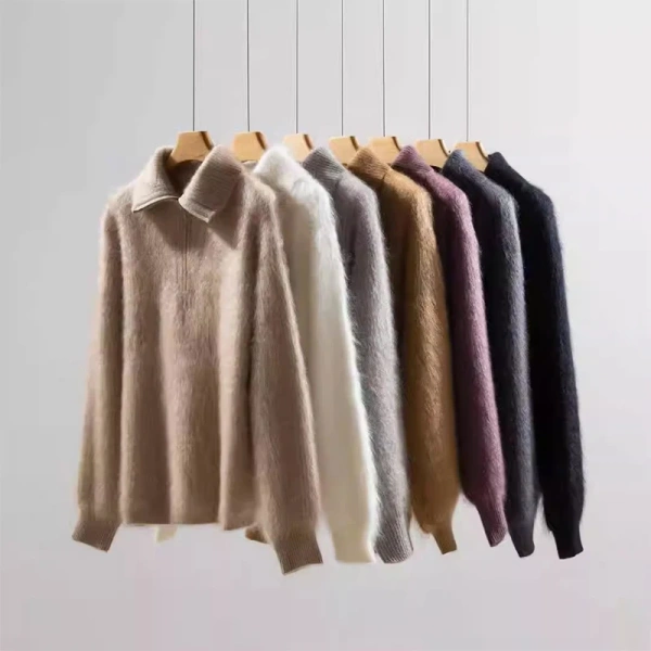Turn Down Collar Knitted Pullover 100% Cashmere Sweater Women with Zippers - Image 2