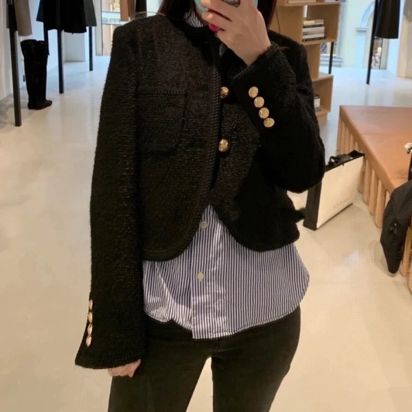 Autumn Winter Tweed Cropped Jackets Korean Fashion O-Neck Single Breasted Knitted Wool Coat Women With Golden Button - Image 4