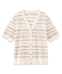 Summer Single Breasted T Shirt Cardigans Short Sleeve Cotton Linen Jacquard Knitwear for Women