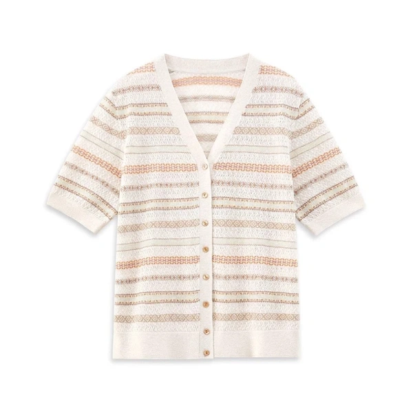 Summer Single Breasted T Shirt Cardigans Short Sleeve Cotton Linen Jacquard Knitwear for Women