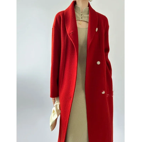 Red Double-sided Tweed Cashmere Coat Long Models Female 2025 Autumn and Winter New Green Fruit Collar Lacing Senior Sense of Twe - Image 2