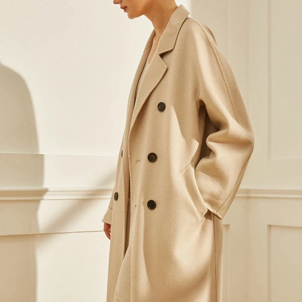 Haute Couture Double-faced Woolen Goods Winter  Double-breasted 100% Wool Coat Handmade Solid Color - Image 6