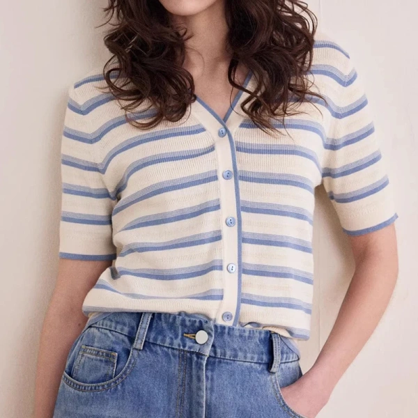 Summer Fashion T Shirt Knitwear Women Single Breasted Short Sleeve 100% Cotton Cardigan for Femme - Image 5