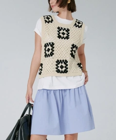 Sleeveless Square Pattern Sweater Vests Cropped Acrylic Cotton Crochet Knitted Vest for Women