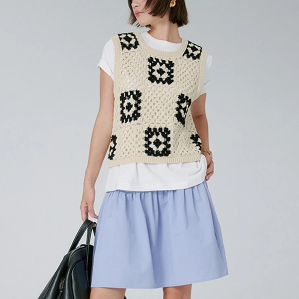 Sleeveless Square Pattern Sweater Vests Cropped Acrylic Cotton Crochet Knitted Vest for Women