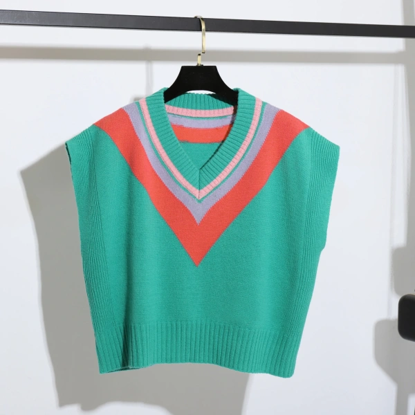V Neck Triangle Pattern Sleeveless Knitted 100% Cotton Sweater Vest for Women - Image 5