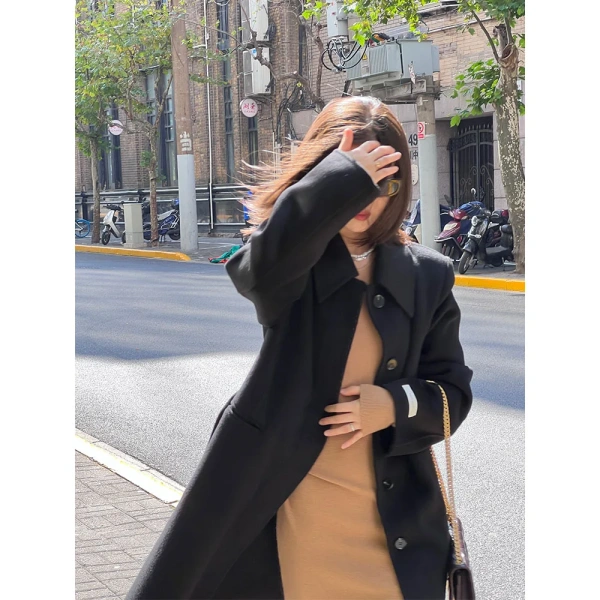 Positive Shoulder Thin Version Narrow 100 Wool Double-sided Coat High Quality Temperament Medium-length Tweed Jacket - Image 6