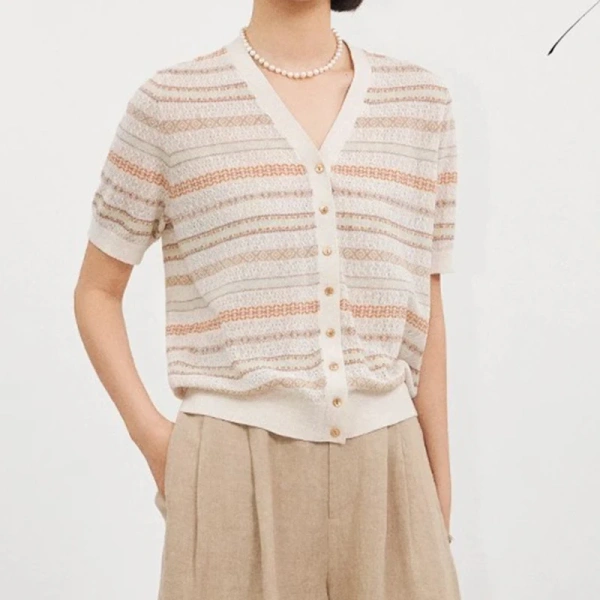 Summer Single Breasted T Shirt Cardigans Short Sleeve Cotton Linen Jacquard Knitwear for Women - Image 3