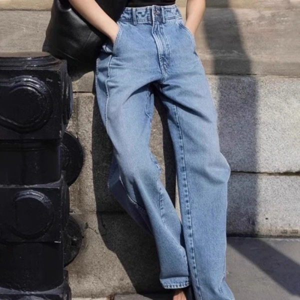 Casual Long 100% Cotton Straight Jeans Women High Waisted Denim Pants - Image 4