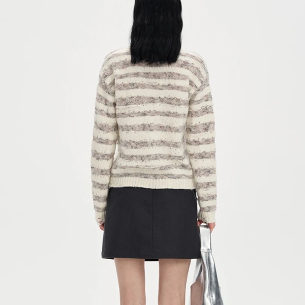 Stripe Pattern Wool Blend Knitwear O Neck Mohair Sweater for Women - Image 5