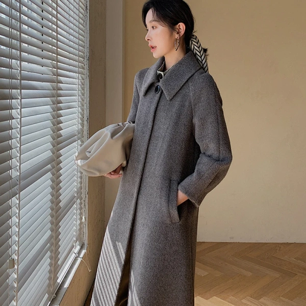 Winter Thickened Warm Women's Alpaca Wool Solid Color Coat Hand-sewn Simple Long Single-breasted Coat - Image 2