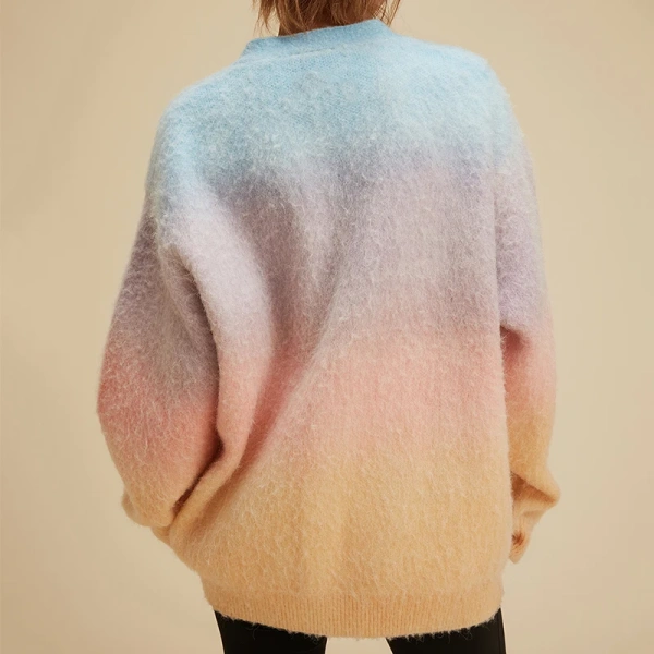 V Neck Winter Sweaters Tie Dye Gradient Color Knitted Cardigan Women for Women - Image 2