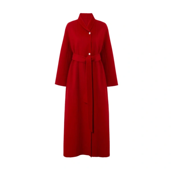 Red Double-sided Tweed Cashmere Coat Long Models Female 2025 Autumn and Winter New Green Fruit Collar Lacing Senior Sense of Twe - Image 4
