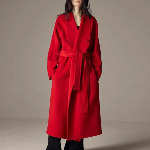Winter Turn Down Collar Women Woolen Coats Luxury Double Faced Long Wool Coat Women with Belt