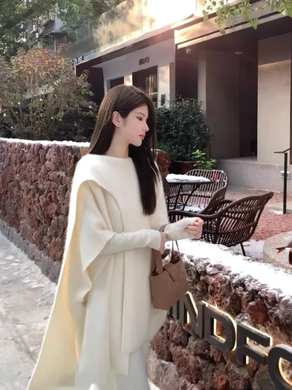Winter Gentle Creamy White Shawl Cape Coat Elegant and Noble Temperament Small Coat - Image 3