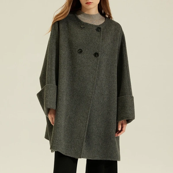 Autumn Winter O Neck Genuine Cashmere Coat Woman Solid Color Double Faced Real Wool Coat