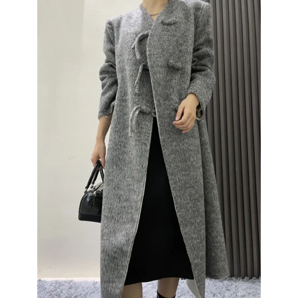 Stand Collar Design Sense Lacing in the Long Section Double-sided Tweed Cashmere Coat Female 2025 Autumn and Winter New - Image 3