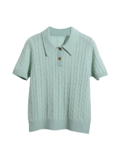 Winter Spring Turn Down Collar Solid Casual Pullover Short Sleeve Women 100% Wool Sweater