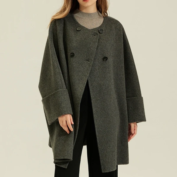 Autumn Winter O Neck Genuine Cashmere Coat Woman Solid Color Double Faced Real Wool Coat - Image 2