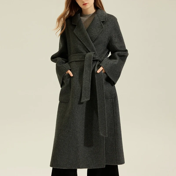 Belted Woolen Trench Coat Double Faced Long Alpaca Wool Coats for Women