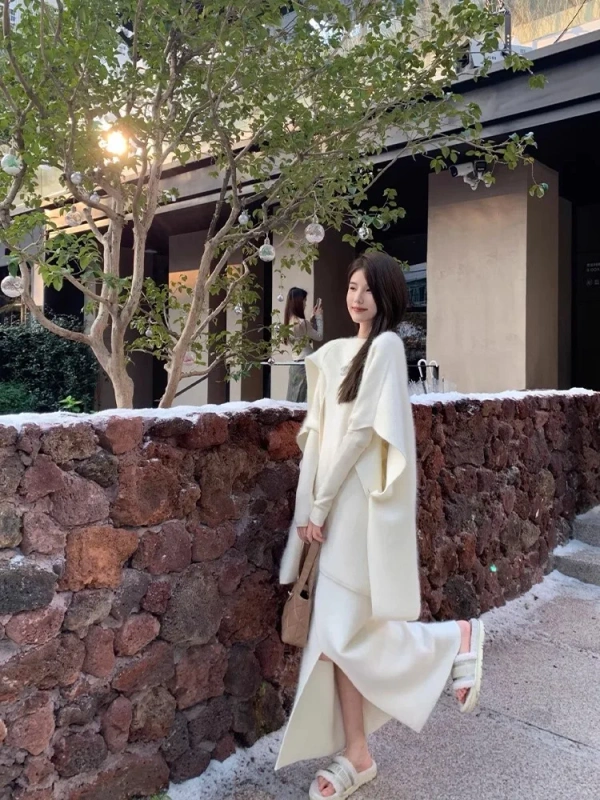 Winter Gentle Creamy White Shawl Cape Coat Elegant and Noble Temperament Small Coat - Image 5