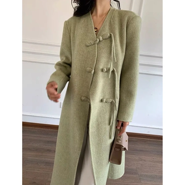 Stand Collar Design Sense Lacing in the Long Section Double-sided Tweed Cashmere Coat Female 2025 Autumn and Winter New